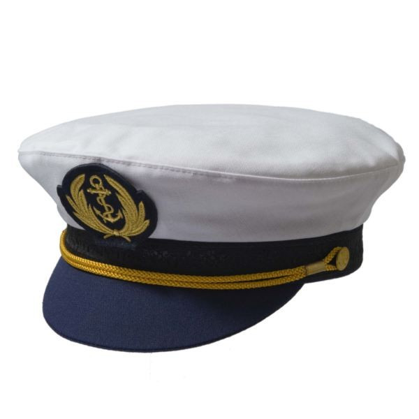 Weisse Kapitänsmütze "Navy" mit blauem Schirm, goldener Schnur und Anker-Abzeichen