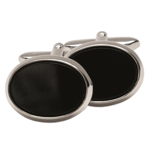 Ovale Manschettenknöpfe mit silbernem Rand und schwarzem Steinimitat.