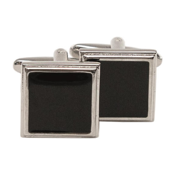 Quadratische Manschettenknöpfe mit silbernem Rand und Mitte aus schwarzem Steinimitat.