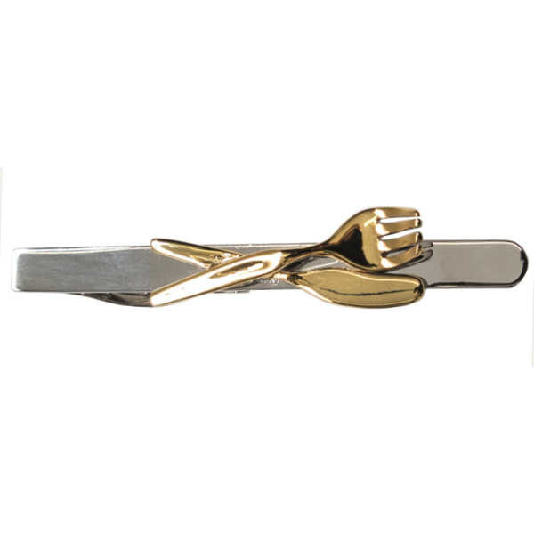 Krawattennadel mit goldenem Messer und Gabel