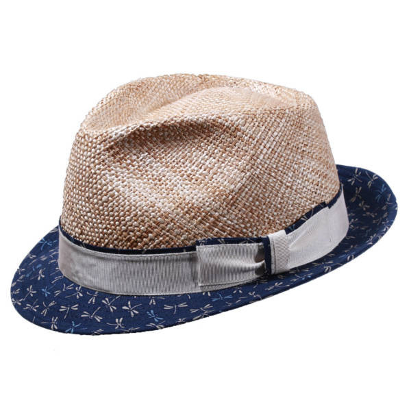 Sommerhut "Libelle" mit Kopf aus Stroh und Krempe aus blauem Stoff mit Libellenmotiv. Weisses Hutband mit Zierstreifen.