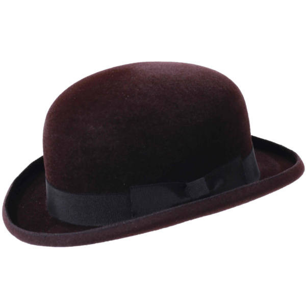 Bowler "Chester" aus Haarfilz mit aufgeschlagenem Rand und dunklem Hutband. Farbe Taupe. Swiss made.