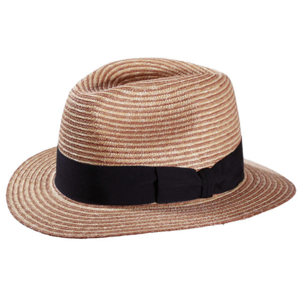 Eleganter Traveller aus zweifarbigen Weizenstroh-Borten mit schwarzem Hutband mit Schleife.