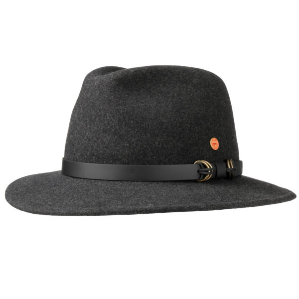 Rollbarer Regenhut aus Wollfilz. Farbe Schwarz-meliert. Mit schwarzem Hutband.