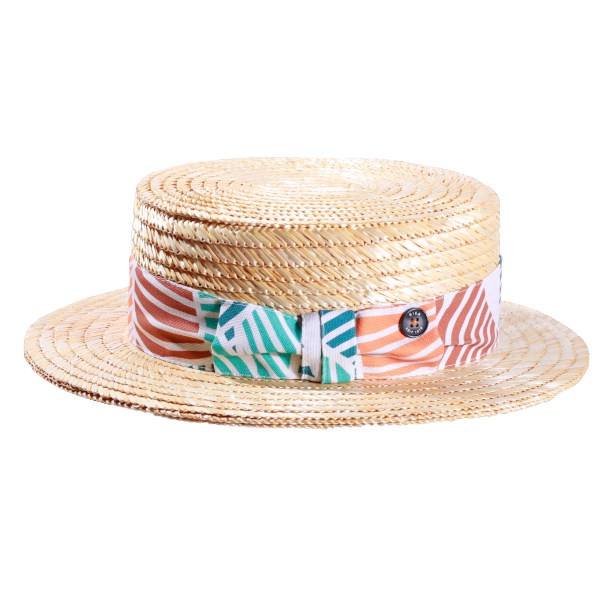 Boater Hat aus breiten Weizenstroh-Borten, Hutband aus mehrfarbigem Stoff