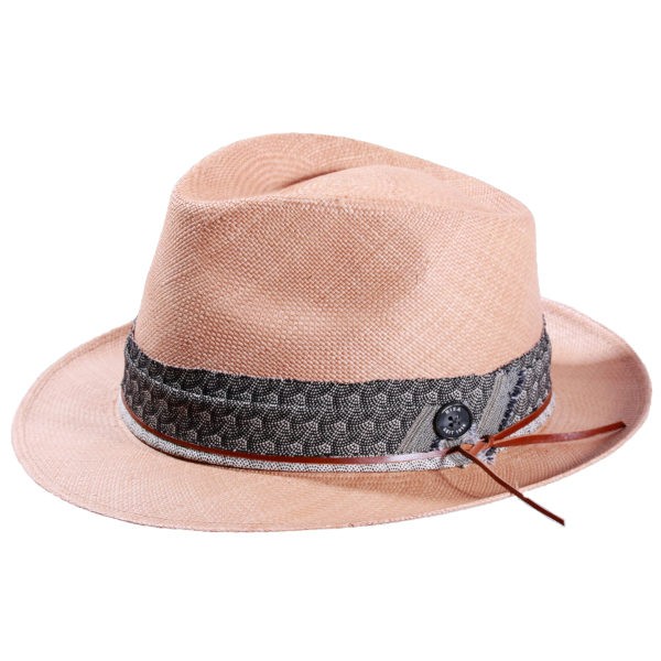 Weisser Panamahut mit Hutband aus Stoff, mit feinem Lederband