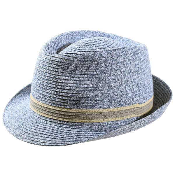 Jeansblauer Trilby Hut aus Papierstroh.