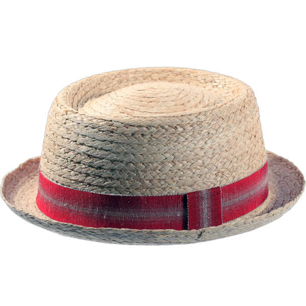 Pork-Pie Hut aus Raffia-Stroh. Rotes Hutband aus Leinen mit Farbverlauf.