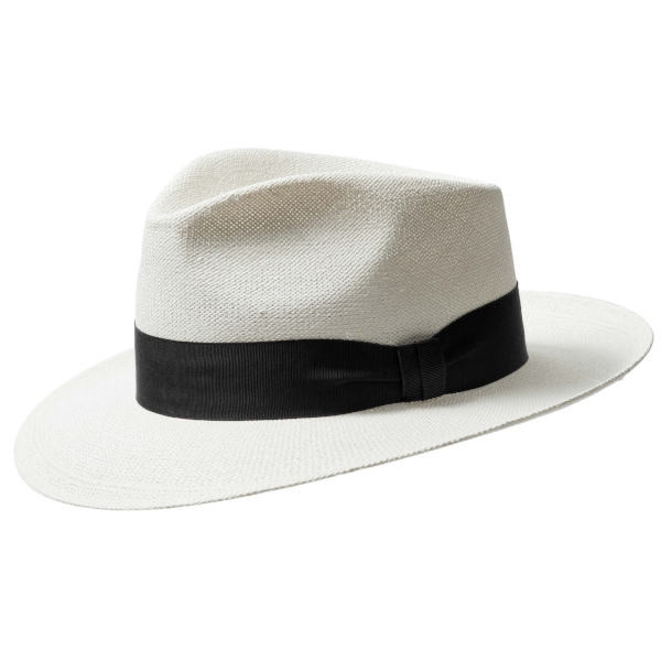 Hochwertiger Panama Bogarthut aus Schweizer Produktion mit schwarzem Hutband. Farbe Nature.