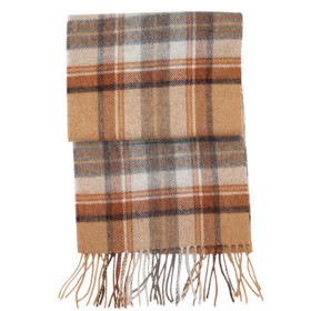 Beige karierter Wollschal aus John Hanly Stoff mit Fransen. Für Damen und Herren.