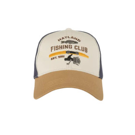 Baseballmütze "Alver" aus Canvas. Mit gesticktem Fisch und Fischerrute. Farbe Marine, Weiss und Ocker.