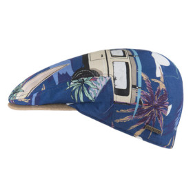 Schiebermütze Carve aus Viskose. Mit aufgedruckten Palmen, Jeep und Surfbrett. Farbe Navy.
