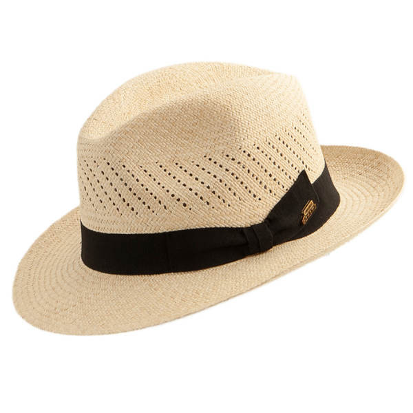 Original Panamahut mit eingeflochtenem Lochmuster im Kopfbereich und schwarzem Hutband