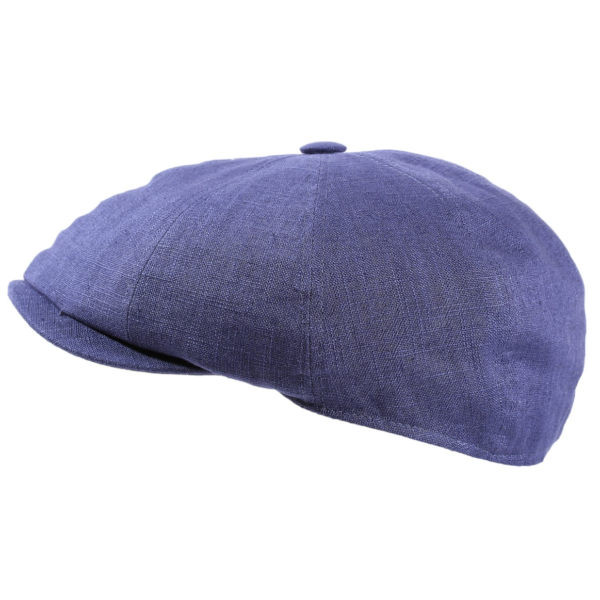 Schmale Newsboycap mit Knopf in der Mitte. Aus fein meliertem Leinenstoff in Jeansblau.