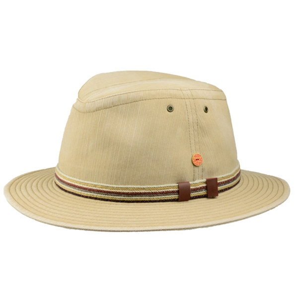 Outdoor Hut "Menowin" in Marine. Rollbarer Stoffhut mit UV-Schutz 80. Schmales Hutband aus verschiedenfarbigen Schnüren.
