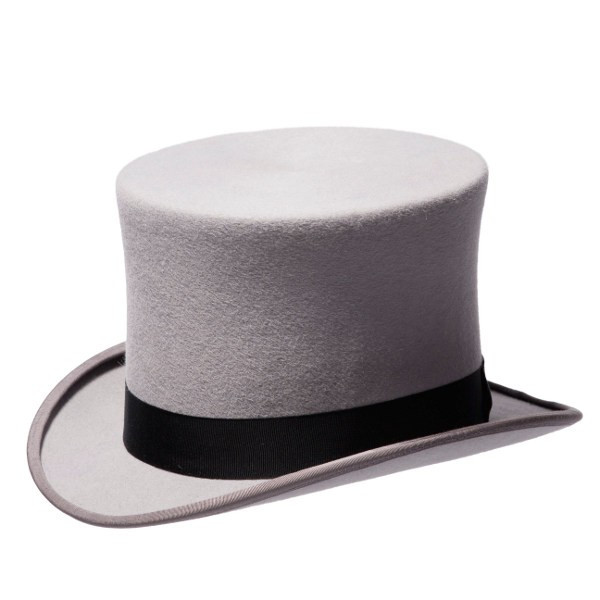 Ascot Zylinder aus hellgrauem Wollfilz mit eingefasstem Krempenrand und schwarzem Hutband