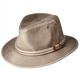 Outdoor Hut "Menowin" in Khaki. Rollbarer Stoffhut mit UV-Schutz 80. Schmales Hutband aus verschiedenfarbigen Schnüren.