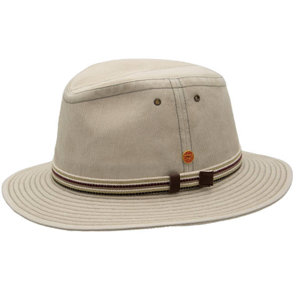 Outdoor Hut "Menowin" in Grey. Rollbarer Stoffhut mit UV-Schutz 80. Schmales Hutband aus verschiedenfarbigen Schnüren.