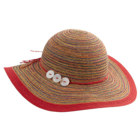 Damenhut mit rundem Kopf und breiter Krempe. Garnitur mit Perlmutt-Knöpfen. Farbe: Rot-meliert.