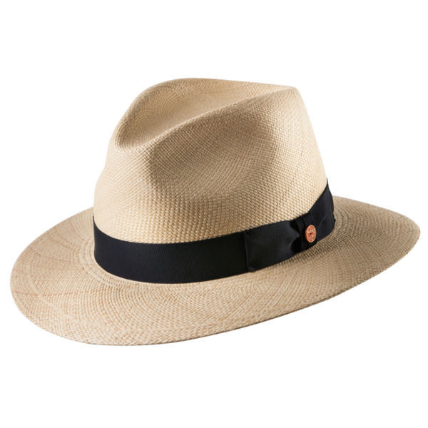 Panamahut "Menton" im Traveller-Stil aus naturfarbigem Panamastroh, mit schwarzem Hutband und rotem Mayser-Pin
