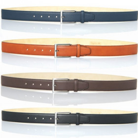 Rindsledergürtel mit gestepptem Rand in den Farben Marine, Cognac, Braun und Schwarz. Beige Innenseite.