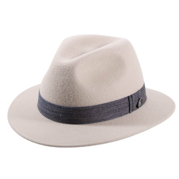 Fedora Regenhut aus Wollfilz mit Denim Hutband; Farbe Elfenbein