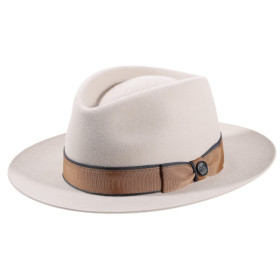 Elegante, modische Haarfilz Fedora mit zweifarbigem Hutband und seitlicher Masche. Farbe: Elfenbein