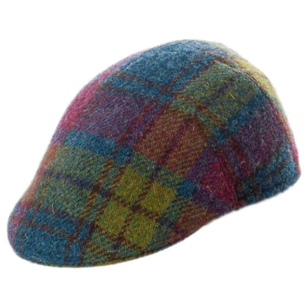 Schmale Herren-Schiebermütze aus Harris Tweed Wollstoff mit Karomuster in blau, beere und hellgrün