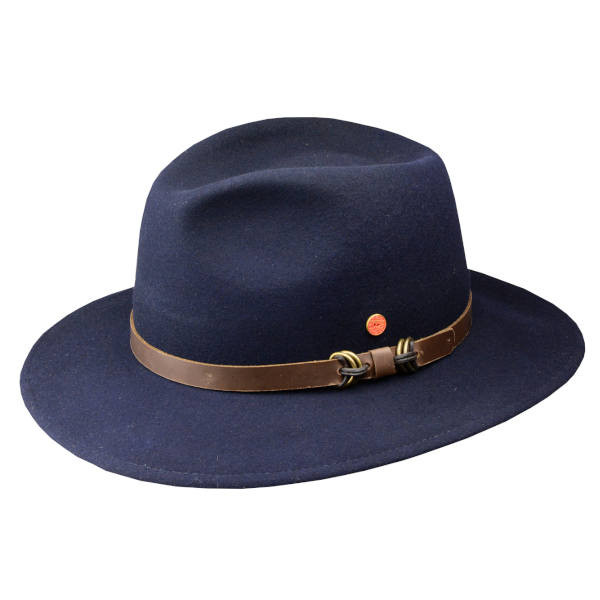 Rollbarer Regenhut aus Wollfilz. Farbe Marine. Mit braunem Hutband.