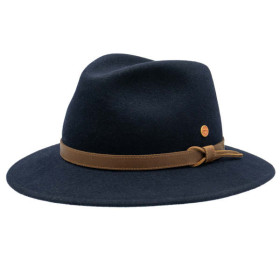 Mayser Regenhut Marvin in Marineblau mit braunem Lederband.