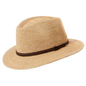 Herren-Strohhut "Naxos" aus gehäckeltem, feinem Raffia-Stroh. Mit schmalem, dunkelm Hutband.