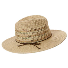 Strohhut aus flexiblem Viskosestroh mit Kopfteil mit eingeflochtenem Lochmuster.