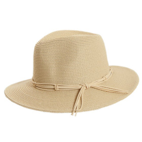 Beiger Damen-Sonnenhut mit geflochtenem Hutband. Idealer Strandhut.