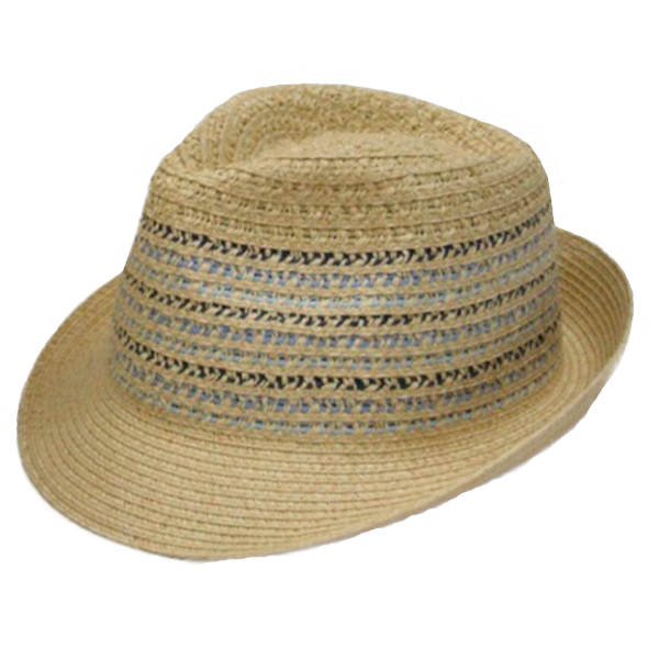 Sommerlicher Trilby Strohhut nature mit Farbakzenten in Rot und Blau