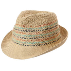 Sommerlicher Trilby Strohhut nature mit Farbakzenten in Rot und Blau