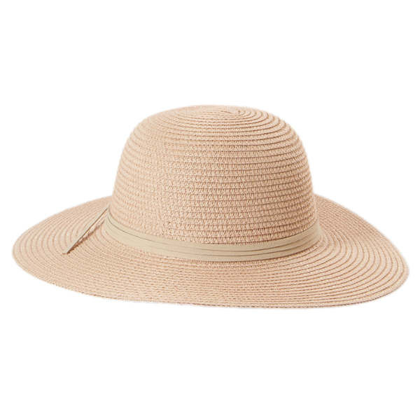 Breitrandiger Damen-Strohhut mit rundem Kopf und Bändel-Garnitur im maritimen Stil. Farbe Weiss