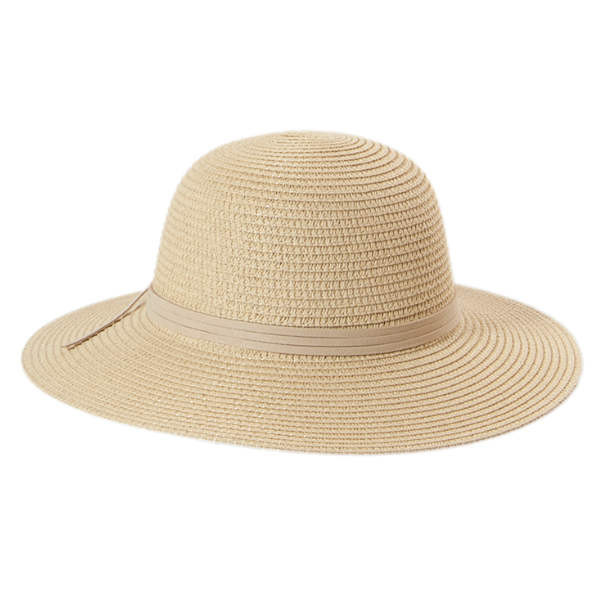 Breitrandiger Damen-Strohhut mit rundem Kopf und Bändel-Garnitur im maritimen Stil. Farbe Weiss