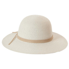Breitrandiger Damen-Strohhut mit rundem Kopf und Bändel-Garnitur im maritimen Stil. Farbe Weiss