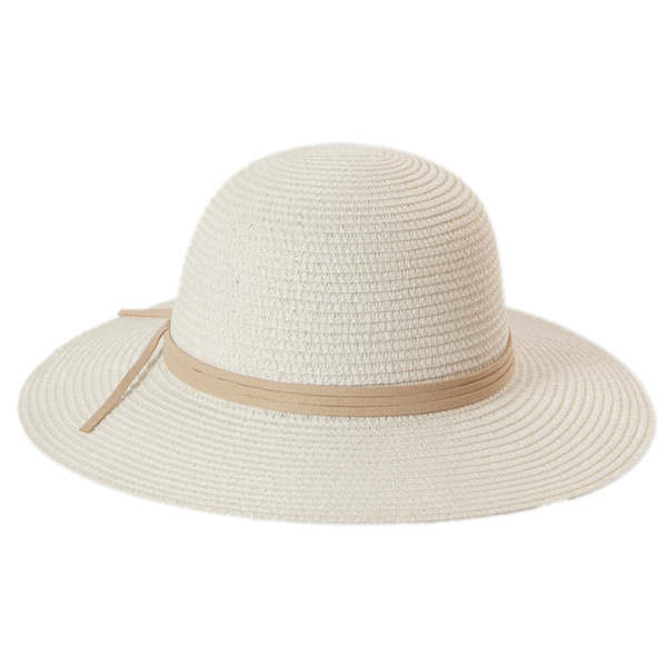 Breitrandiger Damen-Strohhut mit rundem Kopf und Bändel-Garnitur im maritimen Stil. Farbe Weiss