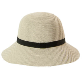 Damen Strohhut in Cloche Form mit farblich passendem Hutband. Farbe Hellgrau