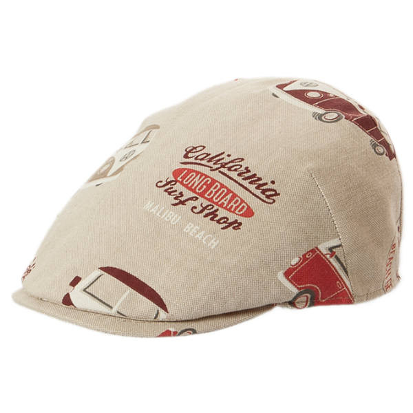 Beige Schiebermütze mit California Schriftzug und VW-Bussen aufgedruckt