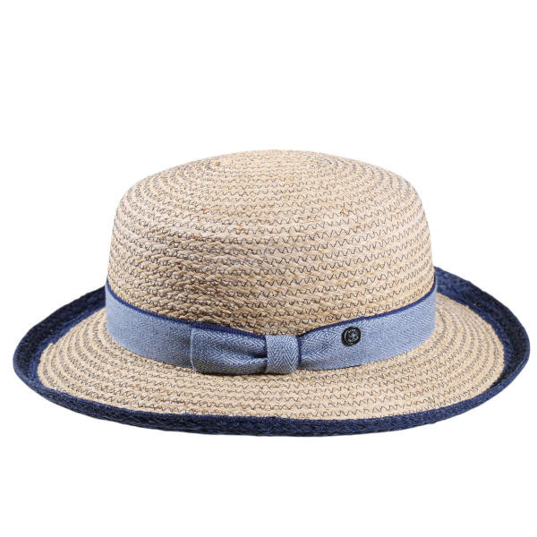 Hochwertiger Damen-Strohhut mit blauem Rand und Hutband