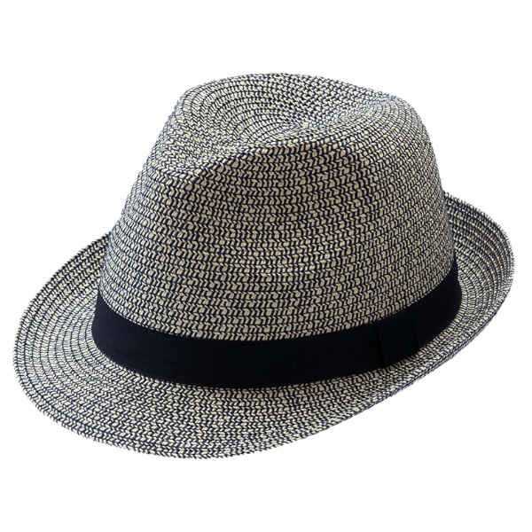 Blau-melierter Trilby aus Papierstroh mit dunkelblauem Hutband