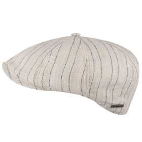 Weisse Newsboy Cap mit feinen blauen Streifen.