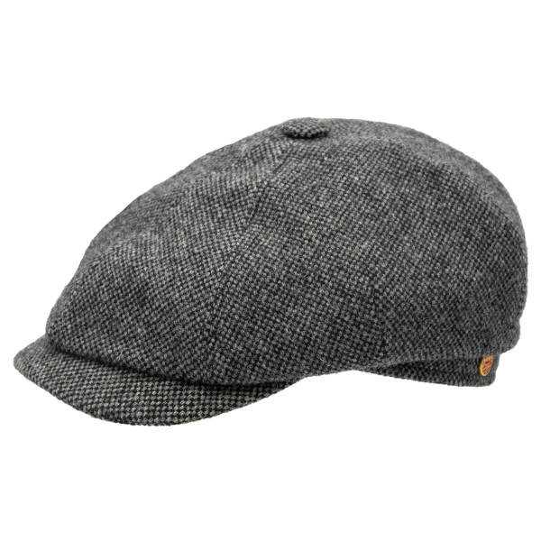 Tweedcap Seven by Mayser aus schwarzem Stoff mit hellen Einschlüssen. Klassische 20ies Newsboycap mit Knopf in der Mitte.