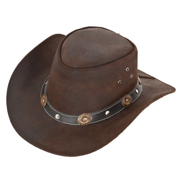 Cowboyhut "Reno" aus braunem Leder mit stark geschwungener Krempe und Hutband mit Conchas