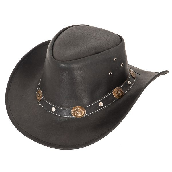 Cowboyhut "Reno" aus braunem Leder mit stark geschwungener Krempe und Hutband mit Conchas