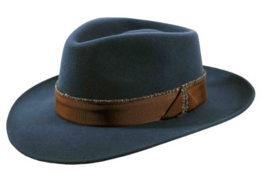Blauer Bogart Hut mit breiter Krempe und braunem Hutband