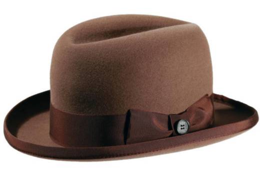 Brauner Homburger Hut mit Rebsband, seitlicher Masche und eingefasstem Rand