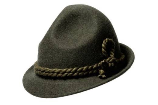 Olivgrüner Tiroler Hut mit dreieckig geformtem Kopfbereich und schmaler Krempe. Garnitur aus dicker Kordel